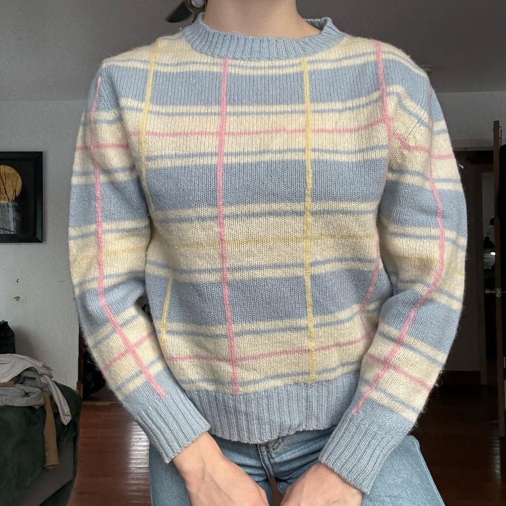 Cozy Plaid Crew Neck Sweater - Blue, Yellow, Pink